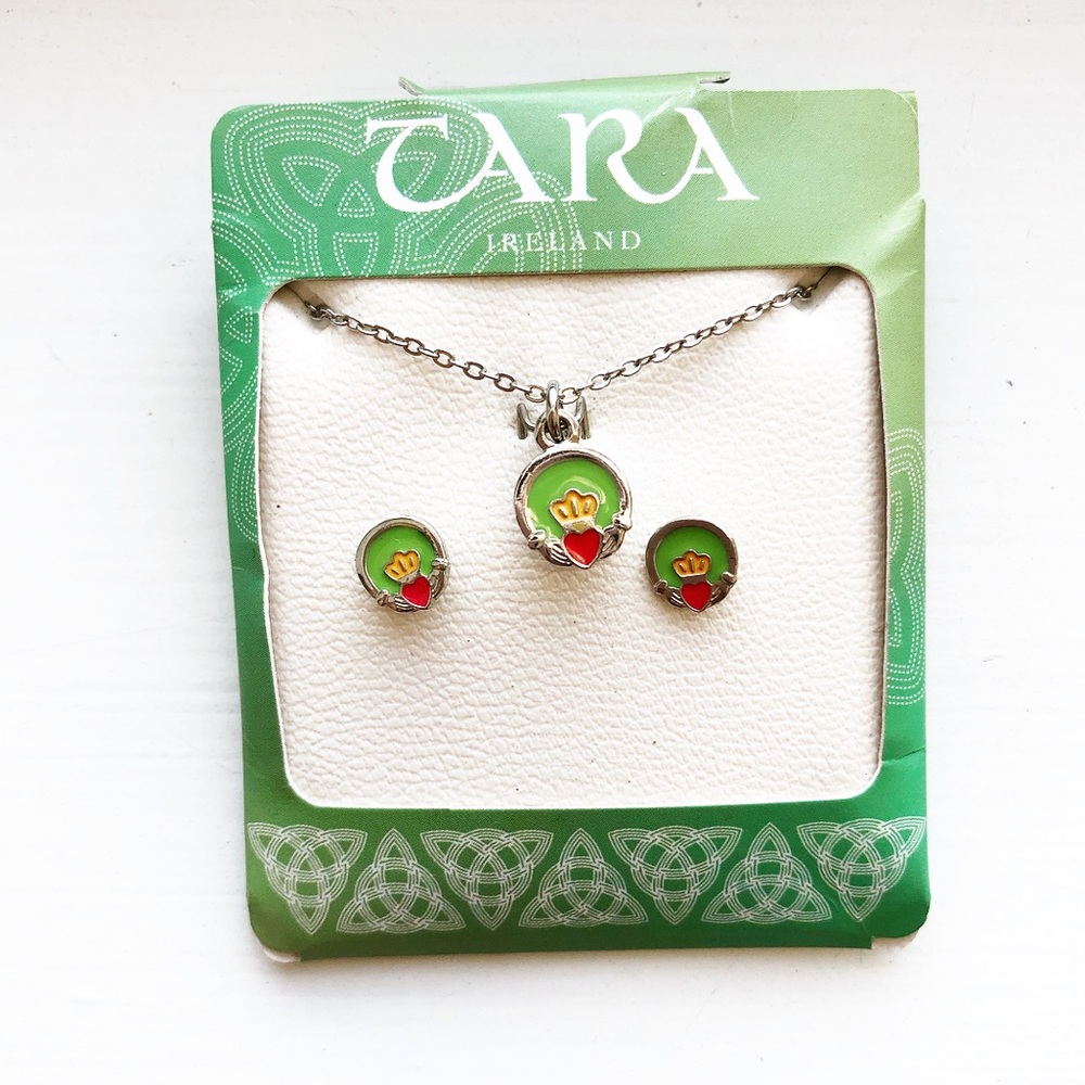 Silver & enamel Irish Claddagh necklace & earrings